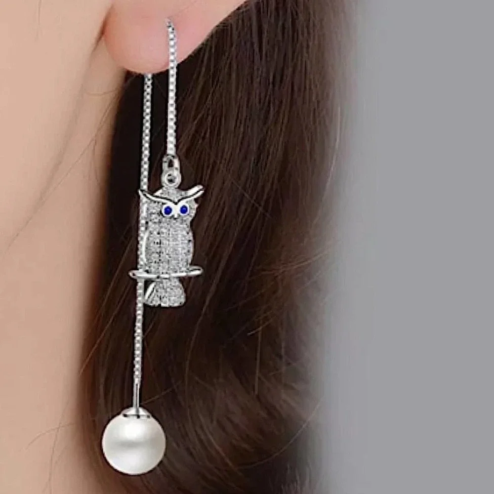 Sterling Silver Owl, Pearl Long Earrings